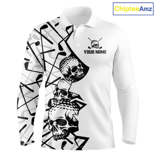 Custom Skull Mens Golf Polo Shirt Personalized Name, Golf Team Polo Jersey| White 