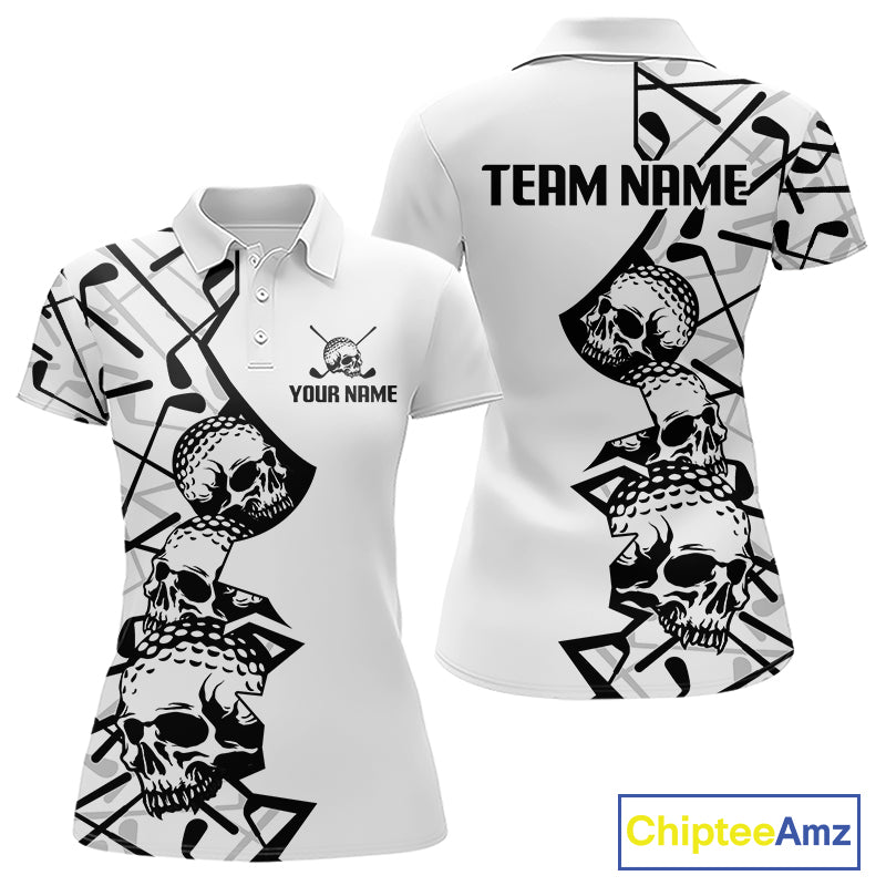 Custom Skull Womens Golf Polo Shirt Personalized Name, Golf Team Polo Jersey| White 