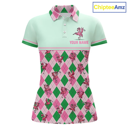 Personalized Pink Argyle Womens Golf Polo Custom Name Flamingo Golf Shirt Mint Green Preppy Team Outfits NHT1227