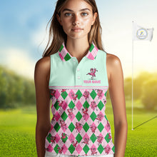 Load image into Gallery viewer, Personalized Pink Argyle Womens Sleeveless Golf Polo Custom Name Flamingo Mint Green Preppy Team Outfits NHT1227