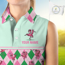 Load image into Gallery viewer, Personalized Pink Argyle Womens Sleeveless Golf Polo Custom Name Flamingo Mint Green Preppy Team Outfits NHT1227