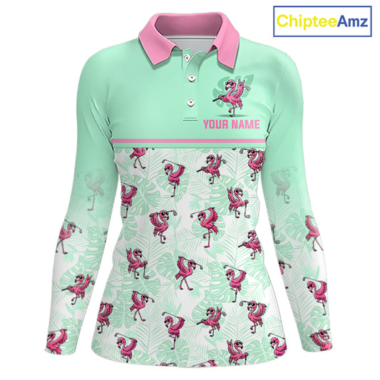A long-sleeve polo shirt with a mint green and white tropical pattern featuring pink flamingos and palm leaves, a pink collar, and a pink chest stripe with customizable text. A 'ChipteeAmz' logo is visible in the top right corner.