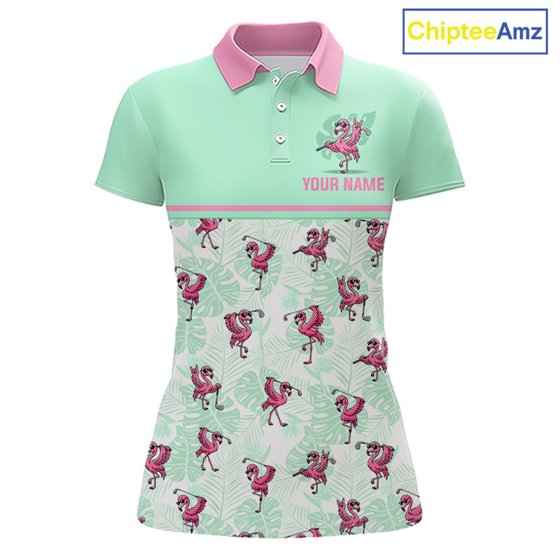 Custom Flamingo Womens Golf Polo Shirt Personalized Name & Team Outfits Mint Green Pink Preppy Golf Shirt NHT1228
