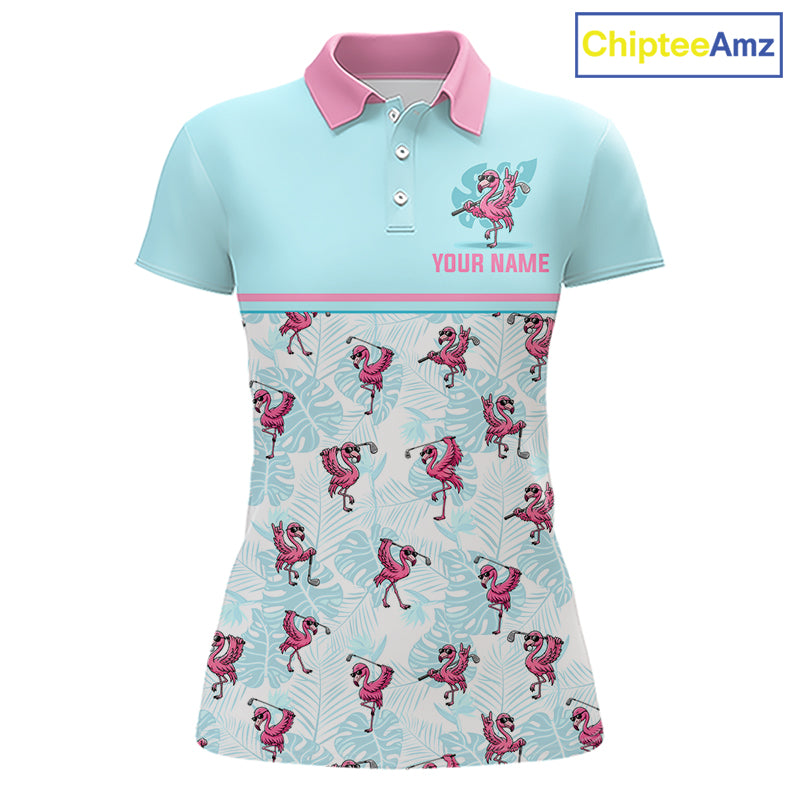 Custom Flamingo Womens Golf Polo Shirt Personalized Name & Team Outfits Light Blue Pink Preppy Golf Shirt NHT1229