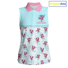 Load image into Gallery viewer, Custom Flamingo Womens Sleeveless Golf Polo Shirt Personalized Name Outfits Light Blue Pink Preppy Golf Shirt NHT1229