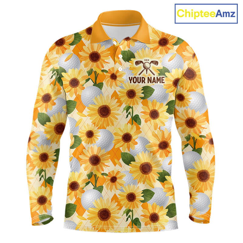 Personalized Sunflower Mens Golf Polo Shirt Custom Name Floral Golf Polo For Men 