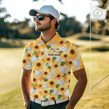 Load image into Gallery viewer, Personalized Sunflower Mens Golf Polo Shirt Custom Name Floral Golf Polo For Men 