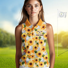 Load image into Gallery viewer, Personalized Sunflower Womens Sleeveless Golf Polo Shirt Custom Name Floral Golf Polo For Women 