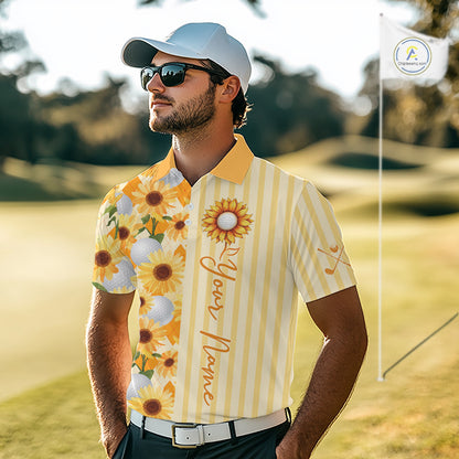 Personalized Sunflower Mens Golf Polo Shirt Custom Name Golf Ball Floral Polo Shirt 