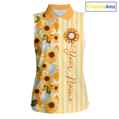 Personalized Sunflower Womens Sleeveless Golf Polo Shirt Custom Name Golf Ball Floral Polo Shirt 