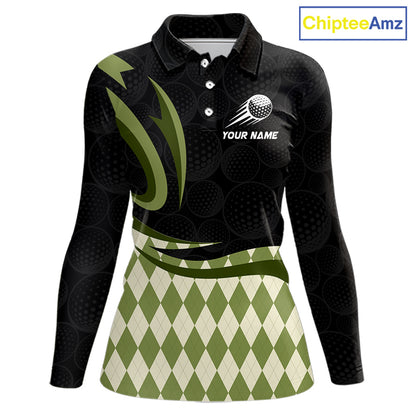 Personalized Womens Golf Polo Shirt Custom Name, Black Green Argyle Golf Team Polo 
