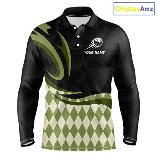 Personalized Mens Golf Polo Shirt Custom Name, Black Green Argyle Golf Team Polo NHT1074