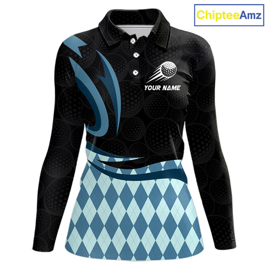 Personalized Womens Golf Polo Shirt Custom Name, Black Blue Argyle Golf Team Polo 