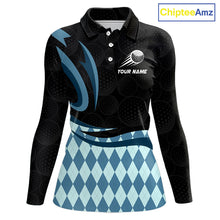 Load image into Gallery viewer, Personalized Womens Golf Polo Shirt Custom Name, Black Blue Argyle Golf Team Polo 