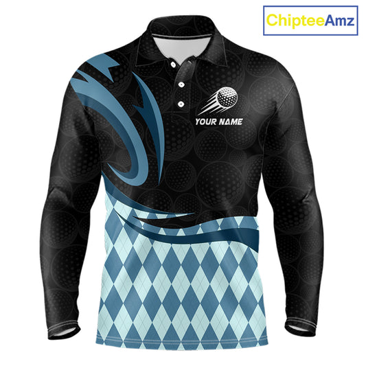 Personalized Mens Golf Polo Shirt Custom Name, Black Blue Argyle Golf Team Polo 