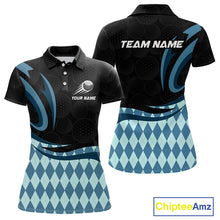 Load image into Gallery viewer, Personalized Womens Golf Polo Shirt Custom Name, Black Blue Argyle Golf Team Polo 