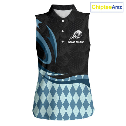 Personalized Womens Sleeveless Golf Polo Shirt Custom Name, Black Blue Argyle Golf Team Polo 