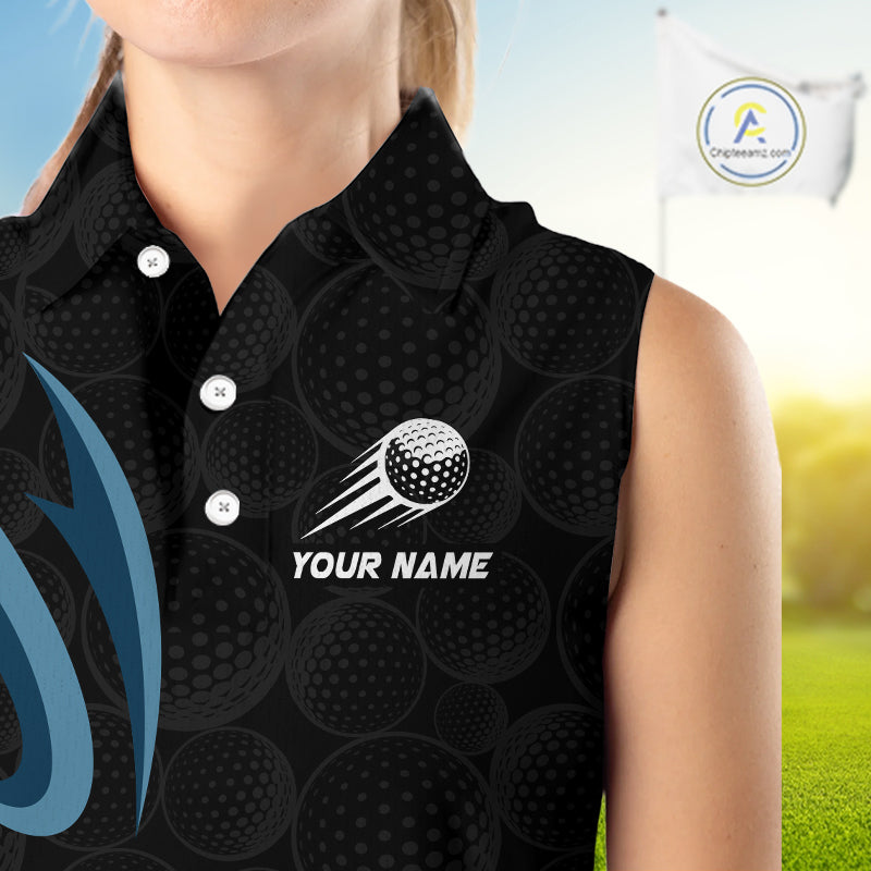 Personalized Womens Sleeveless Golf Polo Shirt Custom Name, Black Blue Argyle Golf Team Polo NHT1075