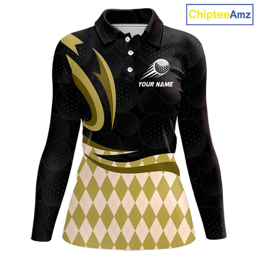 Personalized Womens Golf Polo Shirt Custom Name, Black Yellow Argyle Golf Team Polo 