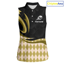 Load image into Gallery viewer, Personalized Womens Sleeveless Golf Polo Shirt Custom Name, Black Yellow Argyle Golf Team Polo 