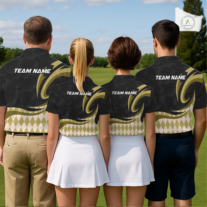 Personalized Mens Golf Polo Shirt Custom Name, Black Yellow Argyle Golf Team Polo NHT1076