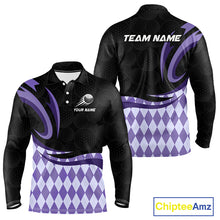 Load image into Gallery viewer, Personalized Mens Golf Polo Shirt Custom Name, Black Purple Argyle Golf Team Polo 