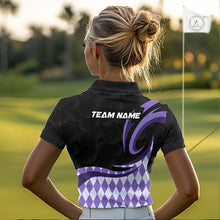 Load image into Gallery viewer, Personalized Womens Golf Polo Shirt Custom Name, Black Purple Argyle Golf Team Polo 