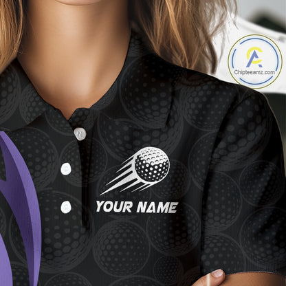 Personalized Womens Golf Polo Shirt Custom Name, Black Purple Argyle Golf Team Polo NHT1077