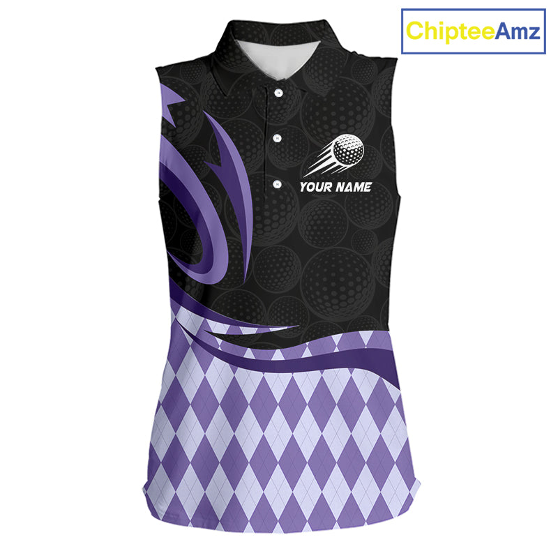 Personalized Womens Sleeveless Golf Polo Shirt Custom Name, Black Purple Argyle Golf Team Polo 