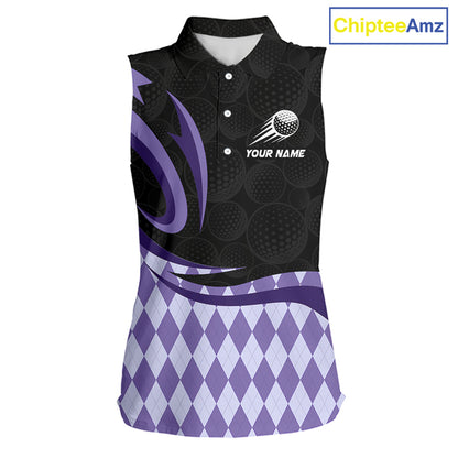 Personalized Womens Sleeveless Golf Polo Shirt Custom Name, Black Purple Argyle Golf Team Polo 