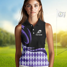 Load image into Gallery viewer, Personalized Womens Sleeveless Golf Polo Shirt Custom Name, Black Purple Argyle Golf Team Polo 