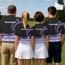 Load image into Gallery viewer, Personalized Mens Golf Polo Shirt Custom Name, Black Purple Argyle Golf Team Polo NHT1077