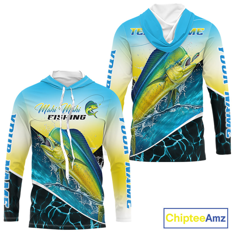 A long-sleeve hooded shirt shown from two angles on a white background, featuring a large printed mahi-mahi fish graphic, blue and yellow gradient sleeves and torso, and vertical 'Tournament' text. A ChipteeAmz logo appears in the bottom right corner.