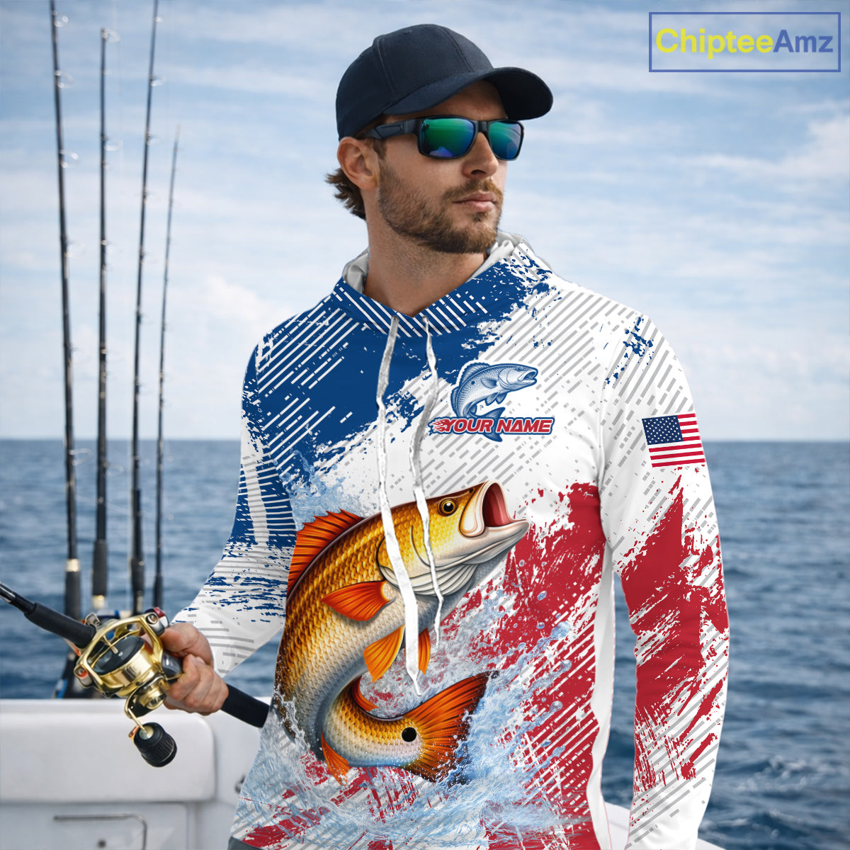 Custom Patriotic American Flag Redfish Fishing Shirts Long Sleeve Hooded, Fishing Tournament Jerseys NHT551