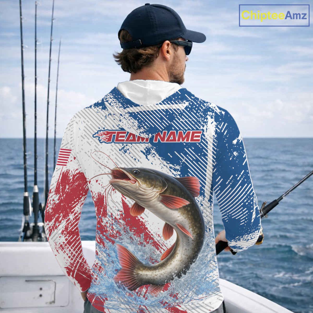 Custom Patriotic American Flag Catfish Fishing Shirts Long Sleeve Hooded, Fishing Tournament Jerseys NHT552