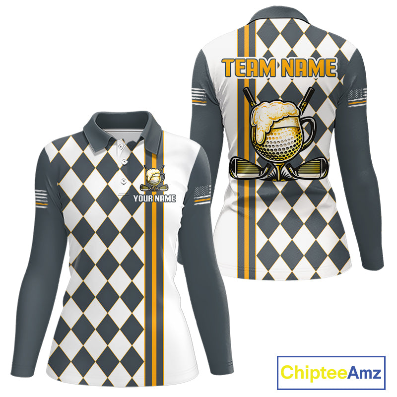 Personalized Womens Golf Polo Shirt Beer And Golf Ball Graphic Custom Team Name Golf Jersey|White 