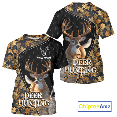 Whitetail Deer Hunting Clothes Custom Name Beautiful Autumn Leaves Camo Hunting Gifts NHT42