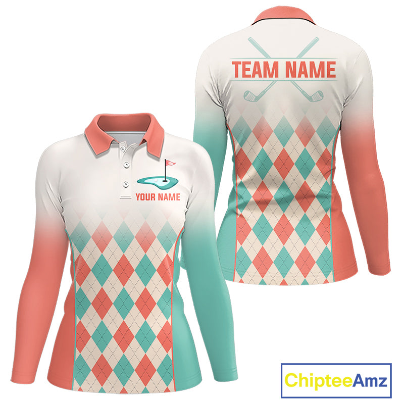 Argyle Pattern Golf Polo Shirts For Womens Custom Name, Golf Pattern Orange Turquoise Shirt Gifts NHT929