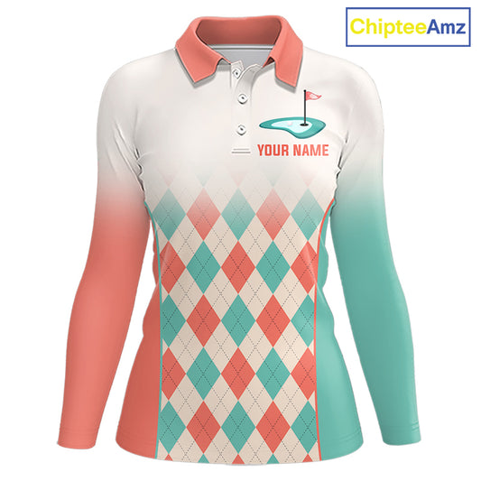 Argyle Pattern Golf Polo Shirts For Womens Custom Name, Golf Pattern Orange Turquoise Shirt Gifts NHT929