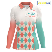 Load image into Gallery viewer, Argyle Pattern Golf Polo Shirts For Womens Custom Name, Golf Pattern Orange Turquoise Shirt Gifts NHT929