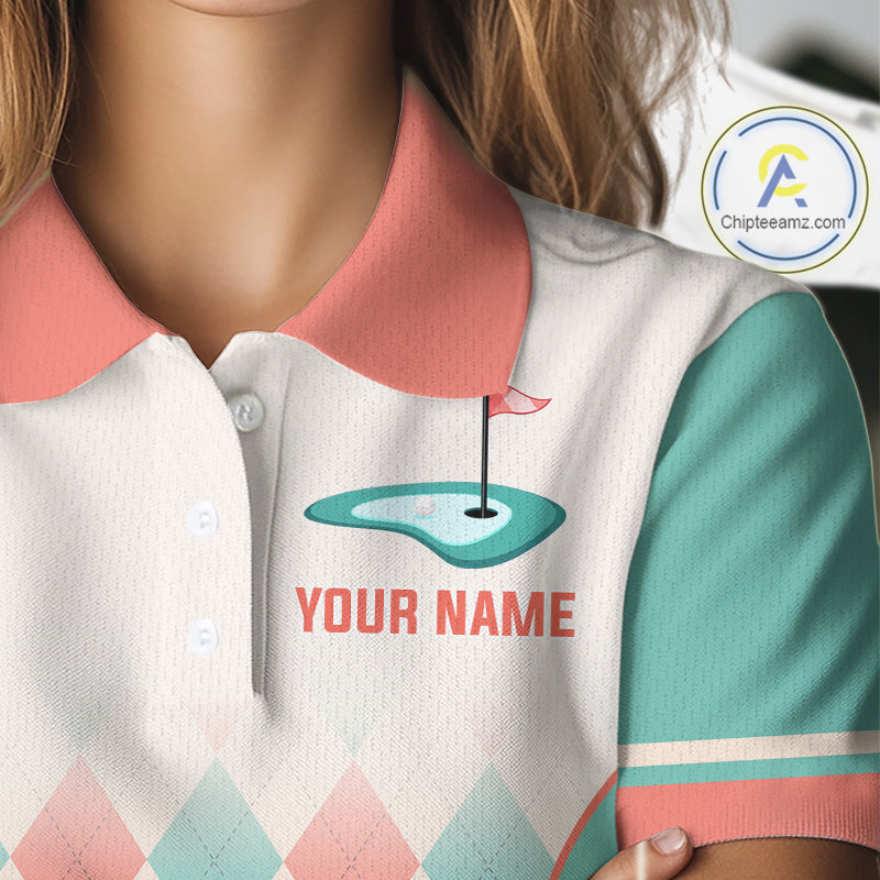 Argyle Pattern Golf Polo Shirts For Womens Custom Name, Golf Pattern Orange Turquoise Shirt Gifts NHT929