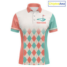 Load image into Gallery viewer, Argyle Pattern Golf Polo Shirts For Mens Custom Name, Golf Pattern Orange Turquoise Shirt Gifts NHT929