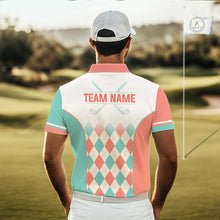 Load image into Gallery viewer, Argyle Pattern Golf Polo Shirts For Mens Custom Name, Golf Pattern Orange Turquoise Shirt Gifts NHT929