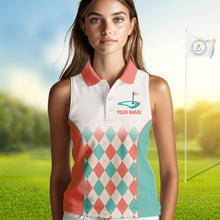 Load image into Gallery viewer, Argyle Pattern Womens Sleeveless Golf Polo Shirts For Womens Custom Name, Golf Pattern Orange Turquoise Shirt Gifts NHT929