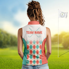 Load image into Gallery viewer, Argyle Pattern Womens Sleeveless Golf Polo Shirts For Womens Custom Name, Golf Pattern Orange Turquoise Shirt Gifts NHT929