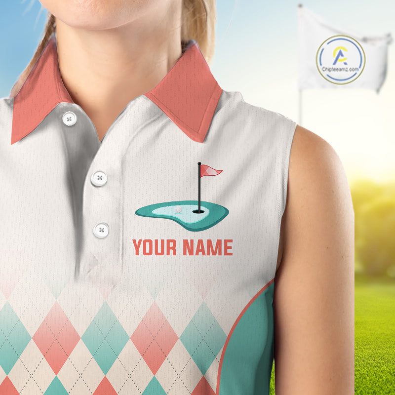 Argyle Pattern Womens Sleeveless Golf Polo Shirts For Womens Custom Name, Golf Pattern Orange Turquoise Shirt Gifts NHT929