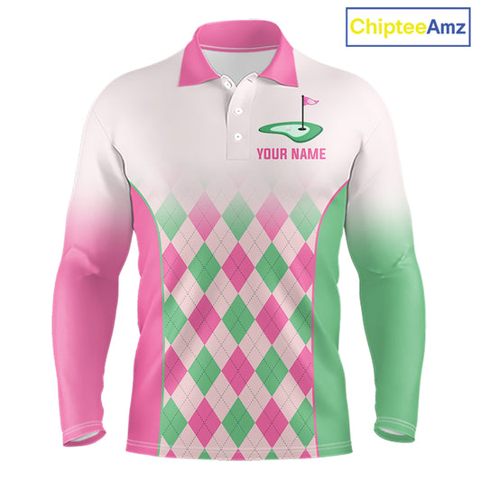 Argyle Pattern Golf Polo Shirts For Mens Custom Name, Golf Pattern Pink Green Shirt Gifts NHT930