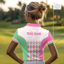 Load image into Gallery viewer, Argyle Pattern Golf Polo Shirts For Womens Custom Name, Golf Pattern Pink Green Shirt Gifts NHT930