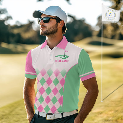 Argyle Pattern Golf Polo Shirts For Mens Custom Name, Golf Pattern Pink Green Shirt Gifts NHT930