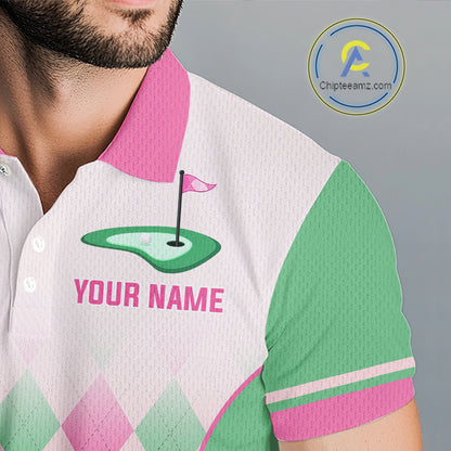 Argyle Pattern Golf Polo Shirts For Mens Custom Name, Golf Pattern Pink Green Shirt Gifts NHT930